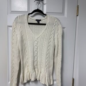 Chaps Women's Cream Cable Knit V-Neck Sweater with Ruffled Hem